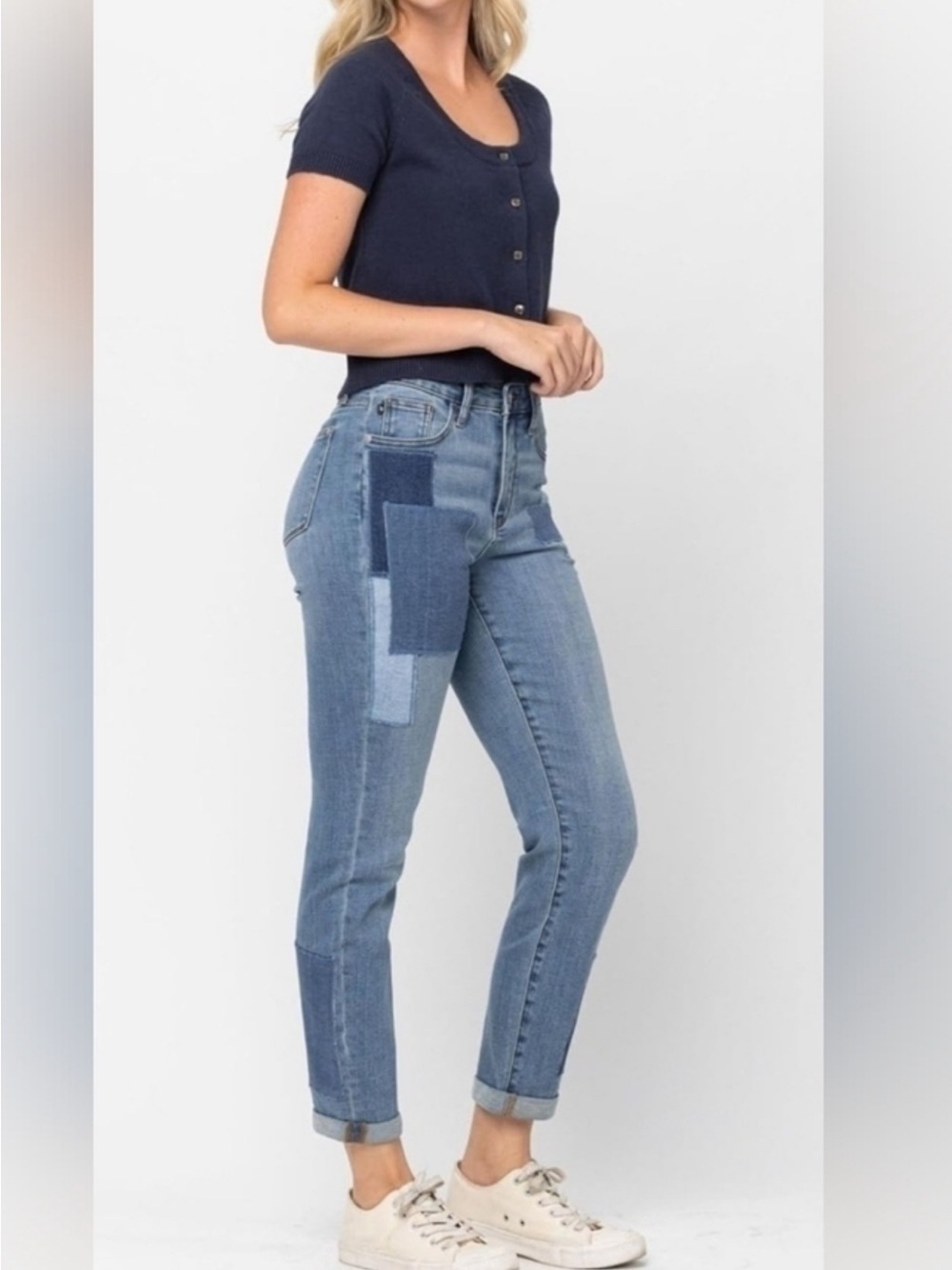 Judy Blue Patchwork Boyfriend Jeans Size 11/30 High Rise Relaxed Denim